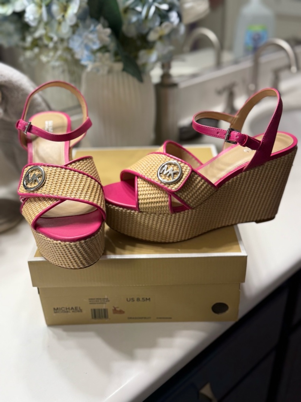Michael Kors Hot Pink and Raffia Platform Wedge Sandals
